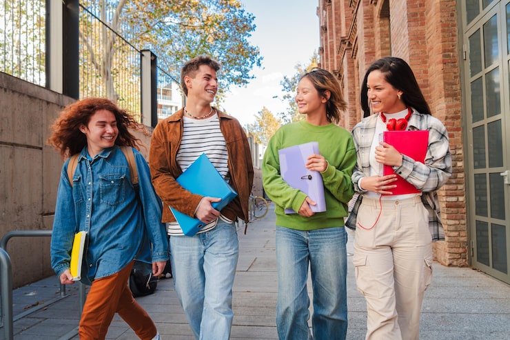 Foto un gruppo di studenti adolescenti sorridenti che camminano prima di iniziare la lezione ridendo e parlando