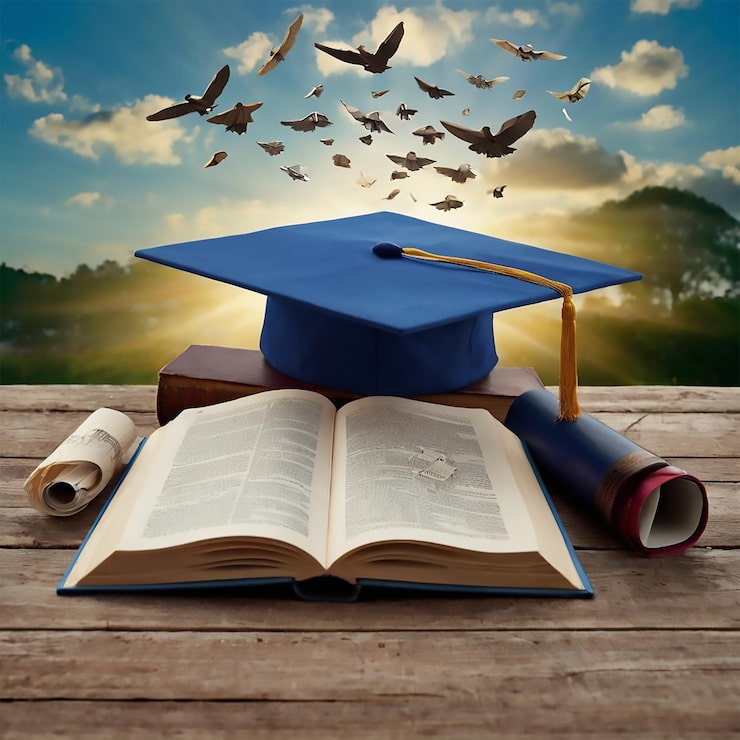Foto un libro con un cappello di laurea blu e un libro con uccelli che volano sopra di esso