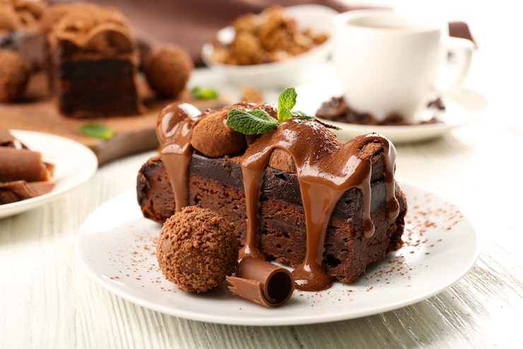 Foto un pezzo di torta al cioccolato con la menta sul primo piano del tavolo