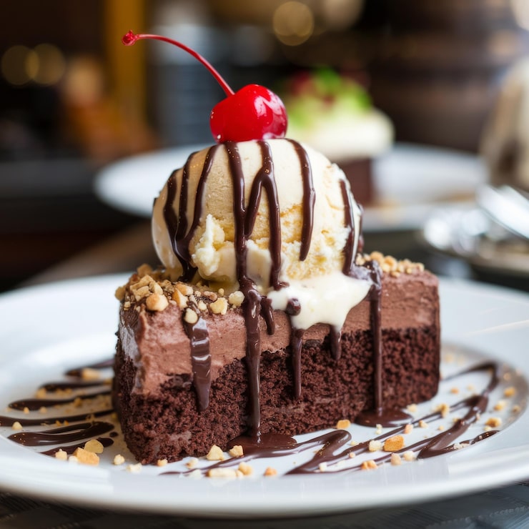 Foto un pezzo di torta con gelato alla vaniglia sopra