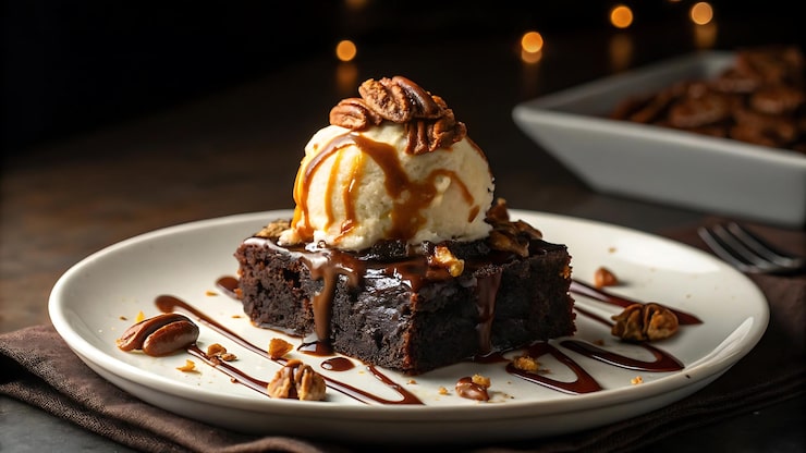 Foto un piatto di dessert con gelato e cioccolato