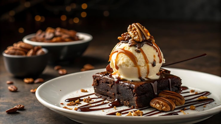 Foto un piatto di dessert con gelato e cioccolato