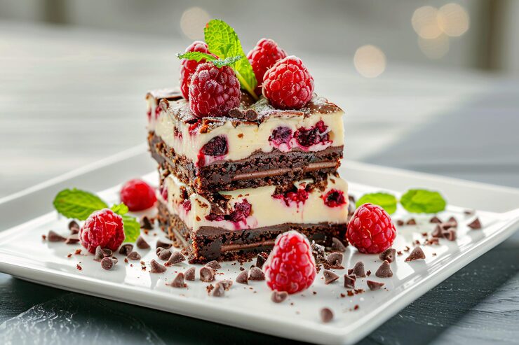 Foto un piatto di dessert con lamponi e menta