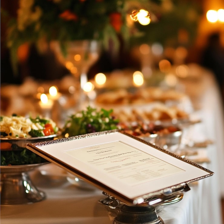 Foto un primo piano di un menu di catering e etichette alimentari in un evento formale