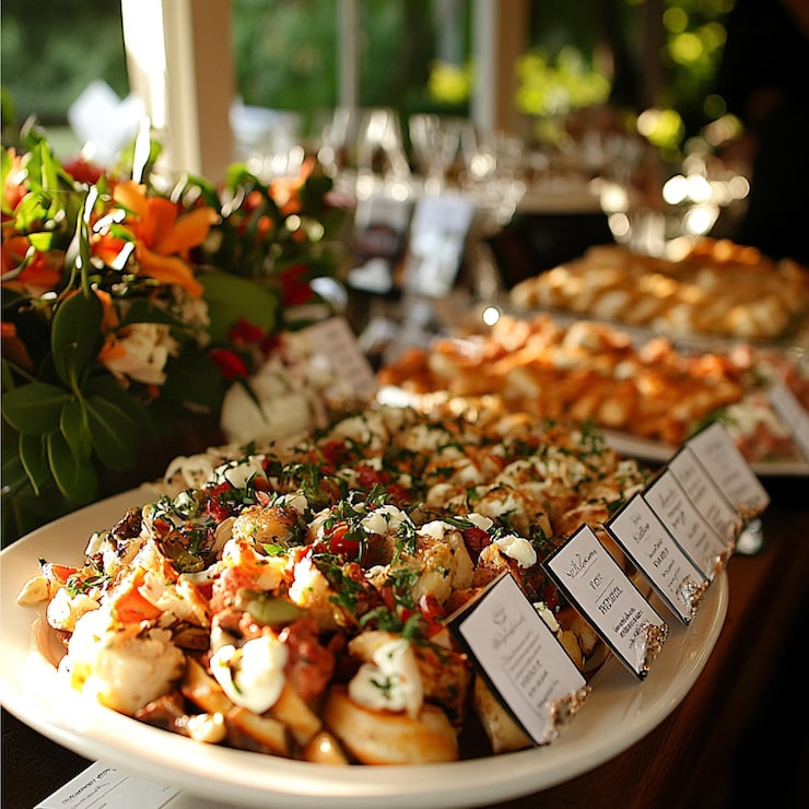 Foto un primo piano di un menu di catering e etichette alimentari in un evento formale