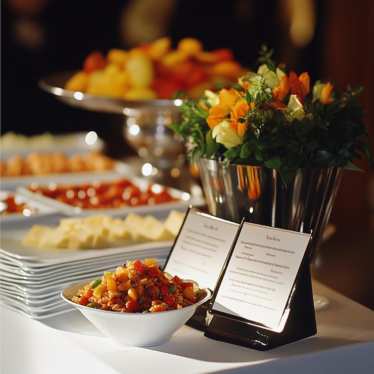 Foto un primo piano di un menu di catering e etichette alimentari in un evento formale