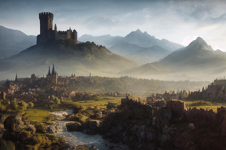 Foto una bellissima valle vecchia città fantastica medievale e castello concept art