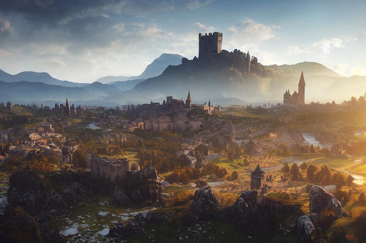 Foto una bellissima valle vecchia città fantastica medievale e castello concept art