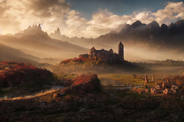 Foto una bellissima valle vecchia città fantastica medievale e castello concept art