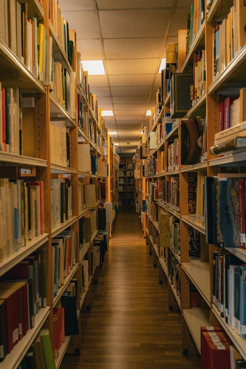 Foto una biblioteca con scaffali pieni di libri e pavimento in legno