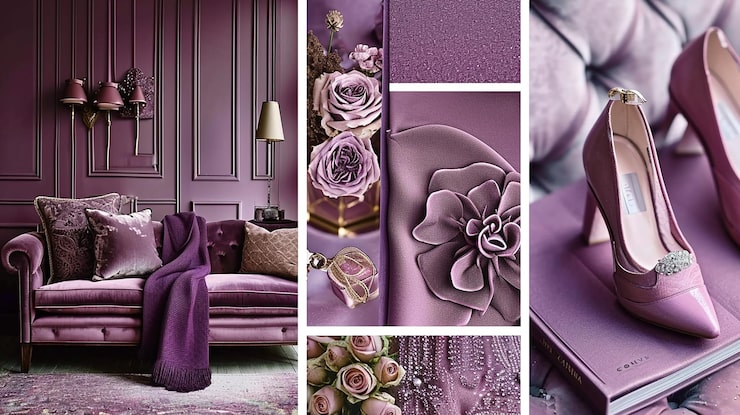 Foto una camera da letto viola con un letto viola e rose viola