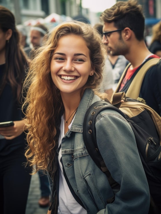 Foto una donna con i capelli lunghi sta sorridendo e indossa una giacca di denim e uno zaino