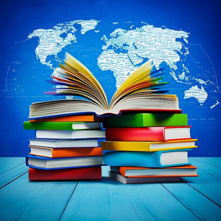 Foto una pila di libri con la mappa del mondo in cima