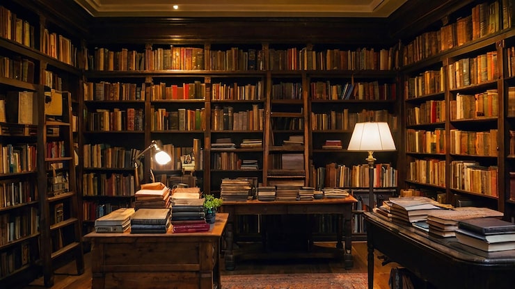 Foto una stanza con una libreria piena di libri e una lampada su una scrivania