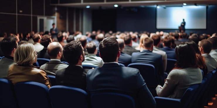 Foto una vista da dietro che cattura uomini d'affari impegnati in una conferenza d'affari che discutono idee e strategie in un contesto professionale ia generativa
