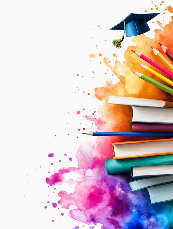Foto uno sfondo ad acquerello vibrante simboleggia la conoscenza e la creatività una pila di libri matite