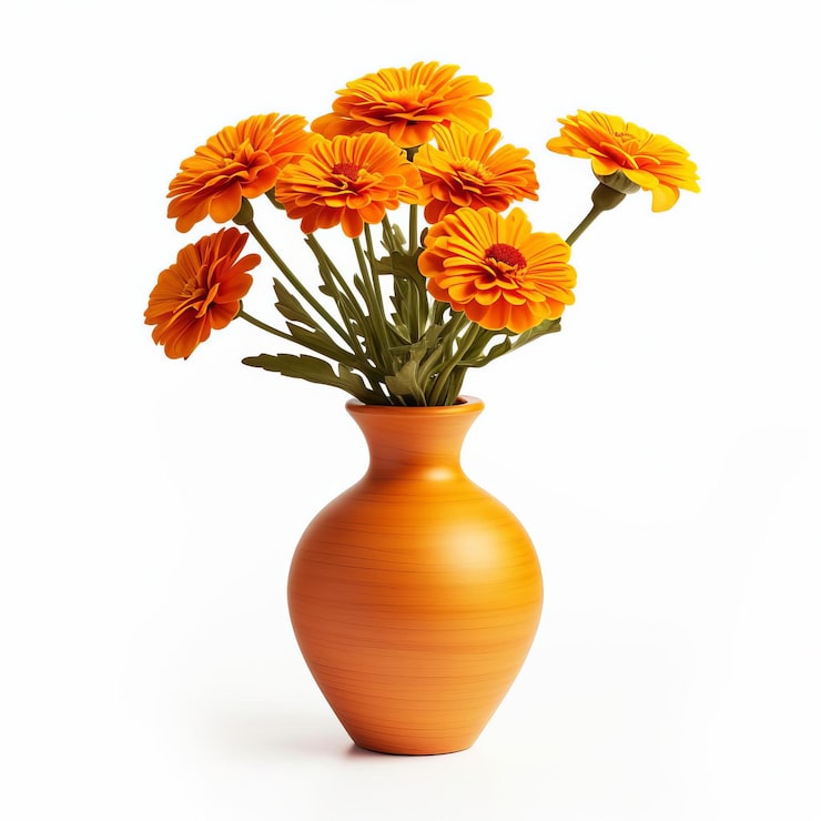 Photo vas marigold buatan tangan yang indah di atas dekorasi latar belakang putih