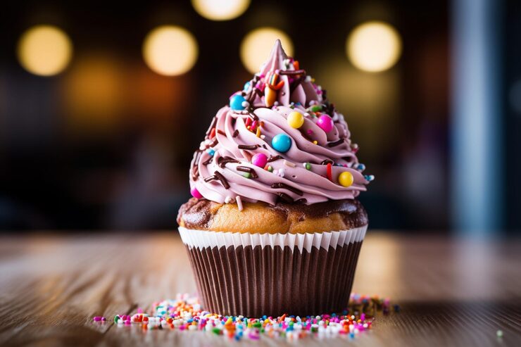 Foto vista del piatto con un delizioso e dolce dolce cupcake