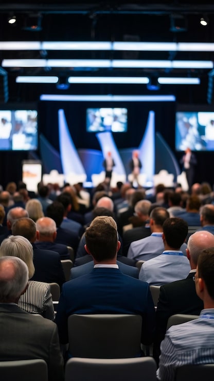 Foto vista posteriore del pubblico che ascolta gli oratori sul palco nella sala conferenze o nella riunione di seminario