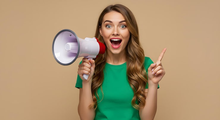 Photo wanita bersemangat memegang megafon dan menunjuk