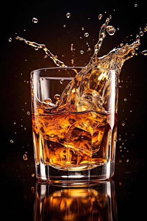 Foto whisky fluido sfondo liquido lusso natura morta di bicchiere di whisky con cubetto di ghiaccio