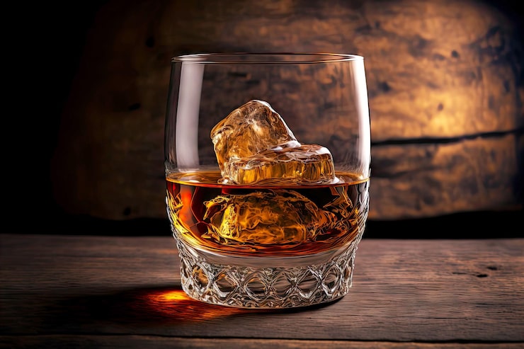 Foto whisky scozzese in bicchiere di whisky con ghiaccio su sfondo di legno