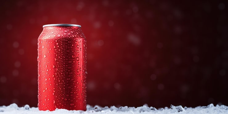 Foto grátis a lata fria fica contra gotas vermelhas que sugerem um toque gelado.