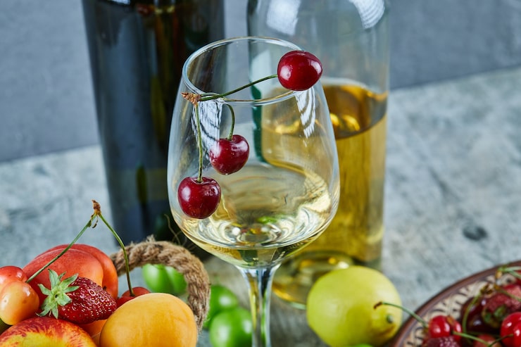 Foto grátis balde de frutas de verão, limão e uma taça de vinho branco em superfície de mármore
