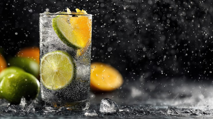 Foto grátis bebida gaseificada refrescante com fatias de frutas cítricas e gelo em um fundo escuro