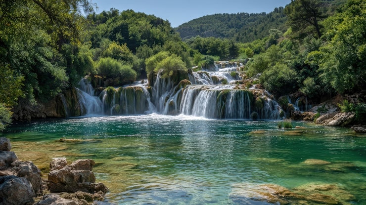 Foto grátis cachoeira deslumbrante e rio turquesa em uma floresta verde exuberante