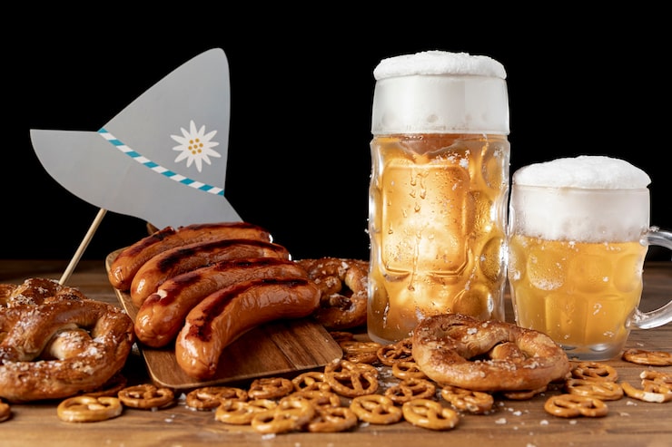 Foto grátis canecas de cerveja com salsichas em uma mesa