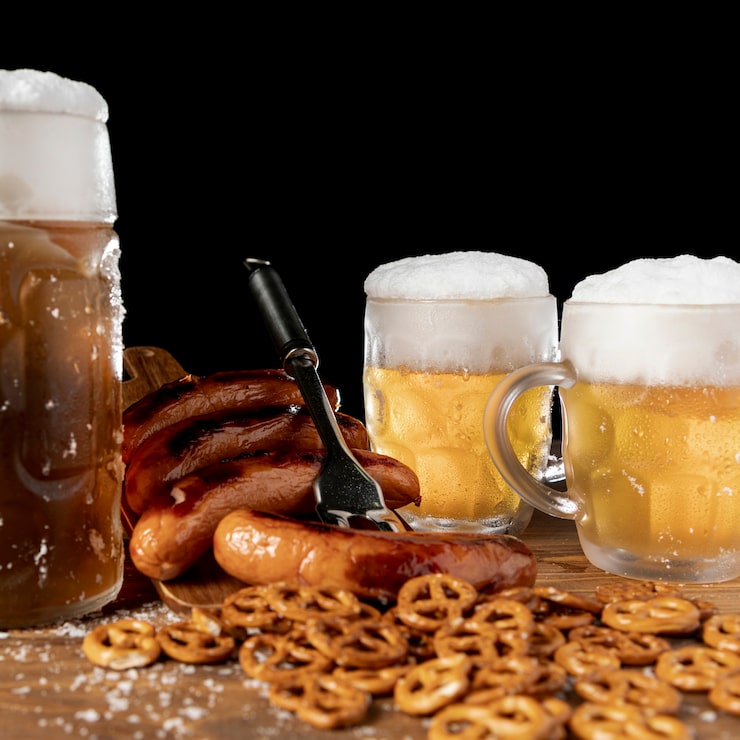 Foto grátis cervejas e petiscos bávaros de close-up