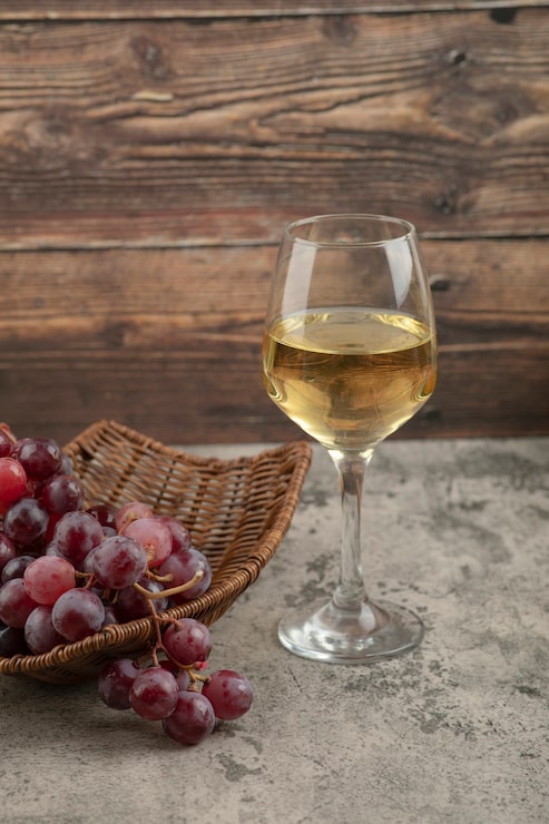 Foto grátis cesta de vime de uvas vermelhas com copo de vinho branco na mesa de mármore.