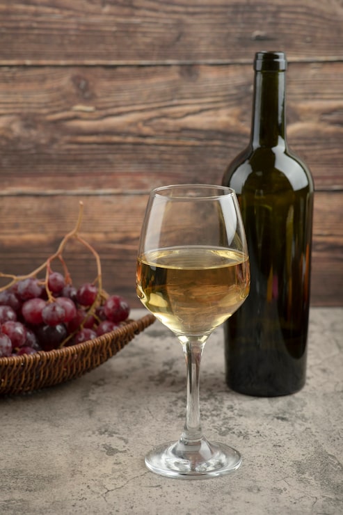 Foto grátis cesta de vime de uvas vermelhas com copo de vinho branco na mesa de mármore.