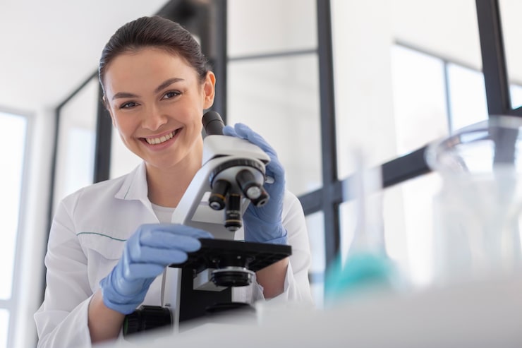 Foto grátis cientista de tiro médio trabalhando com microscópio