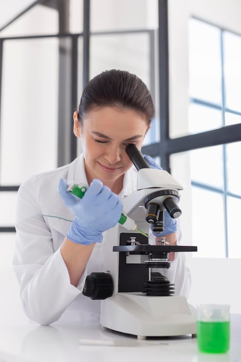 Foto grátis cientista trabalhando com microscópio tiro médio