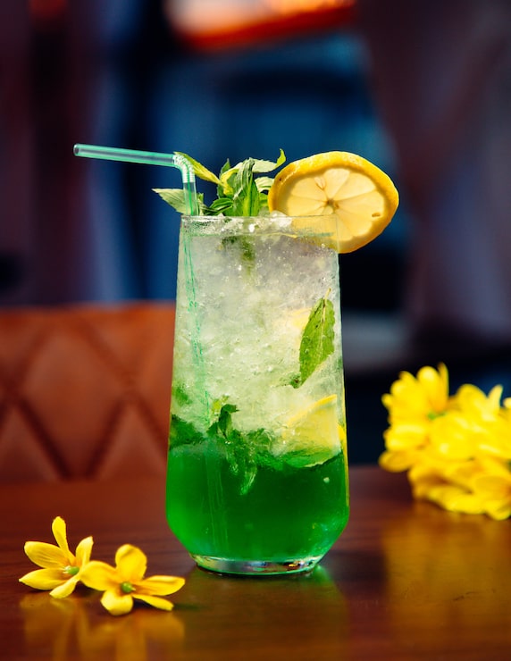 Foto grátis cocktail verde com hortelã, cubos de gelo e fatia de limão.