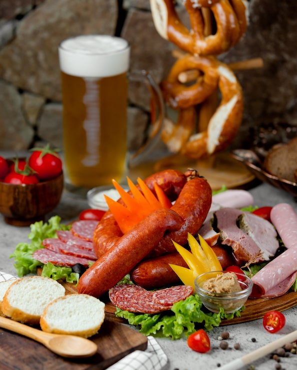 Foto grátis conjunto de salsicha e copo de cerveja
