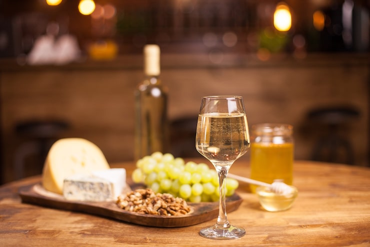 Foto grátis copo de vinho branco, queijo e uvas na velha mesa de madeira. uvas deliciosas. boa bebida. pote de mel.