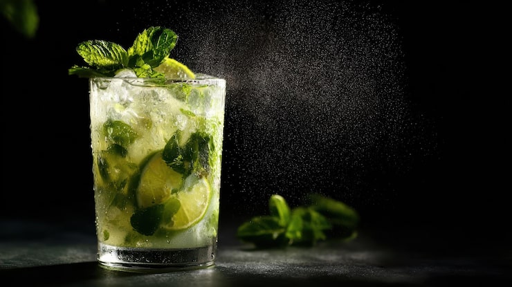 Foto grátis coquetel mojito refrescante com hortelã, limão e salpicos de água