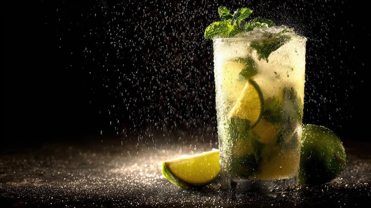 Foto grátis coquetel mojito refrescante com limão e hortelã polvilhado com açúcar