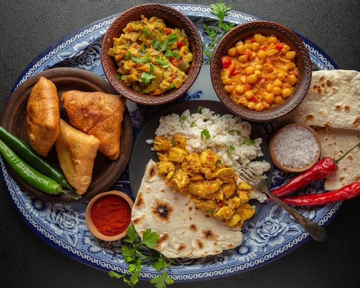 Foto grátis deliciosa comida indiana na bandeja.