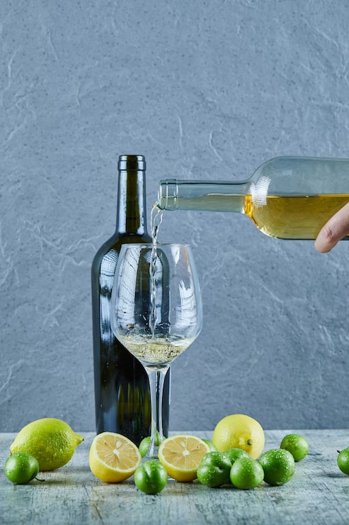 Foto grátis derramando vinho branco no copo e limões, garrafa de vinho e ameixas de cereja de lado