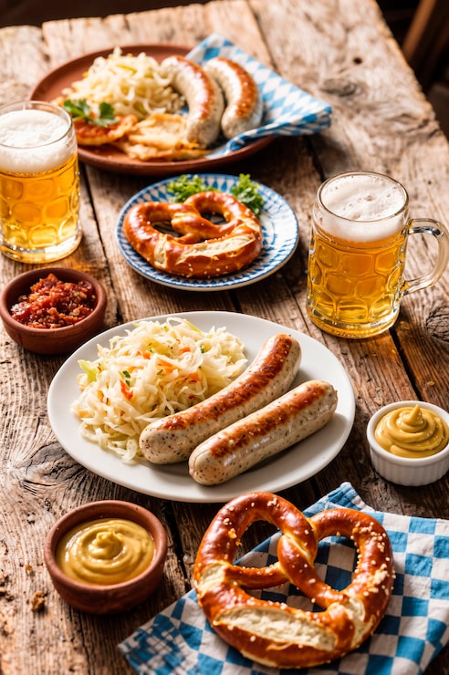 Foto grátis festa de oktoberfest: pretzels, salsichas, chucrute e cerveja