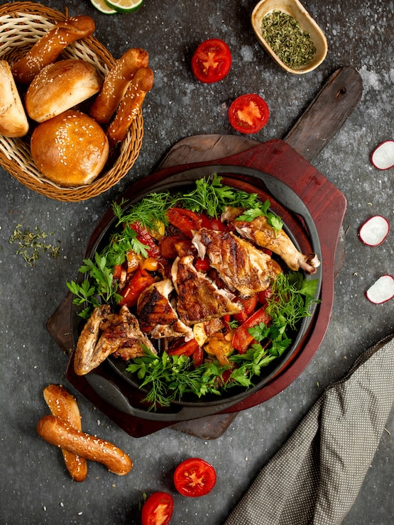 Foto grátis frango frito com legumes e ervas em uma frigideira de alumínio