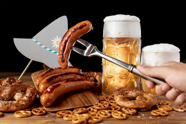 Foto grátis garfo de grelha close-up com saborosa salsicha e cerveja