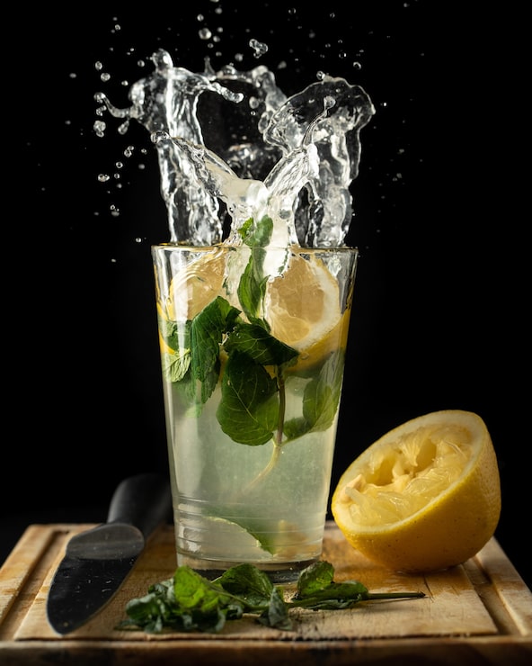 Foto grátis limonada salpicando com hortelã e limões na mesa isolado em um preto