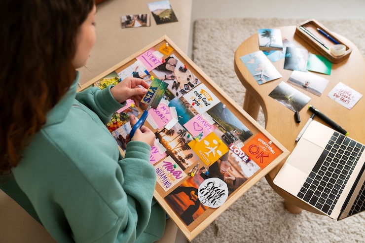 Foto grátis mulher criando um quadro de visão inspirador de alto ângulo