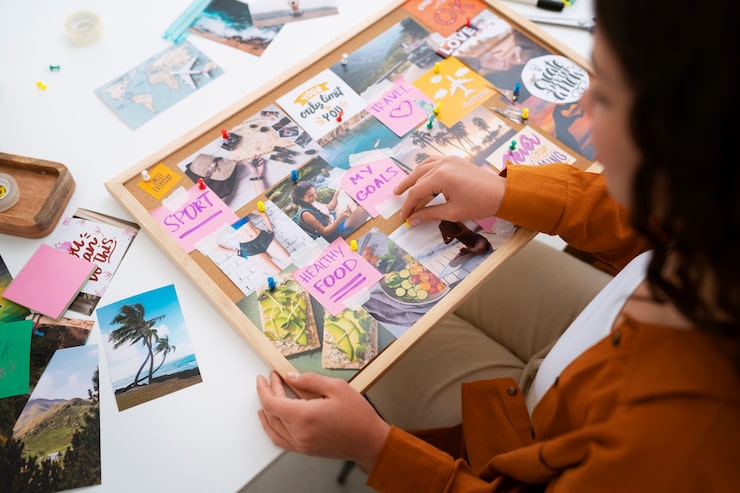 Foto grátis mulher de alto ângulo criando um quadro de visão inspirador