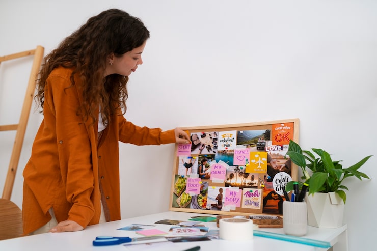 Foto grátis mulher de tiro médio criando quadro de visão inspirador